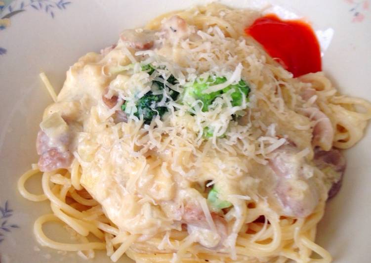 bahan dan cara membuat Broccoli mushroom white sauce spaghetti