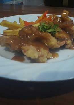 Steak chiken with brown sauce