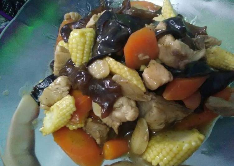 resep lengkap untuk Tumis ayam jamur kuping jagung wortel with saos tiram