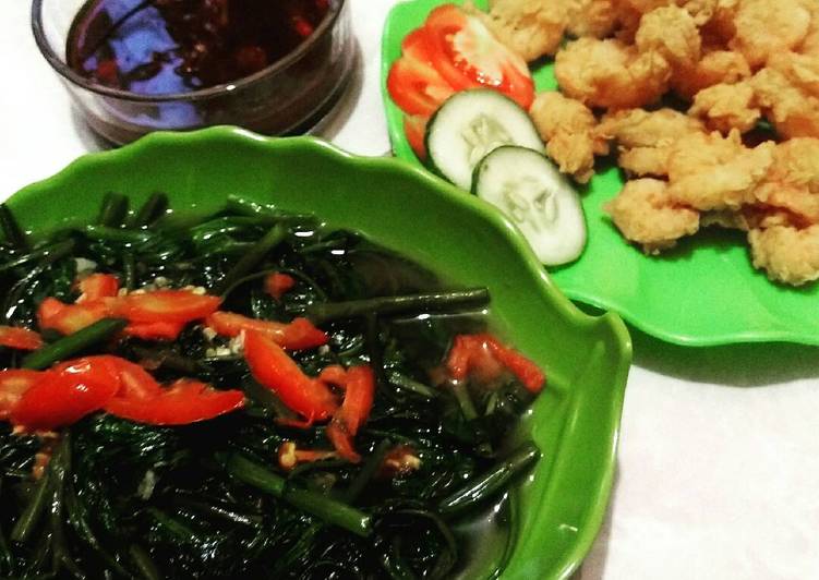 bahan dan cara membuat Udang tepung saus teriyaki + cah kangkung pedas