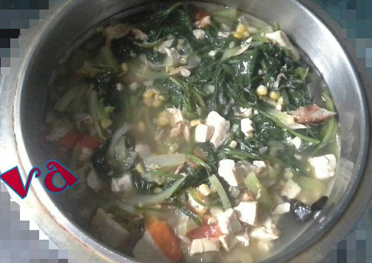 bahan dan cara membuat Sayur Daun Kacang Bening TAJAM (Tahu, Jagung, Labusiam, dan Ayam