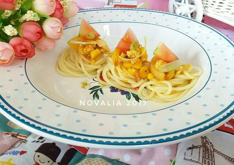 cara membuat Corn & Chicken Bolognese Spaghetti