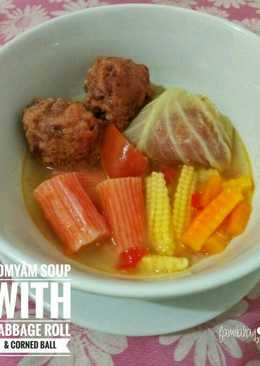 Tomyam Soup with Cabbage Roll & Corned Ball