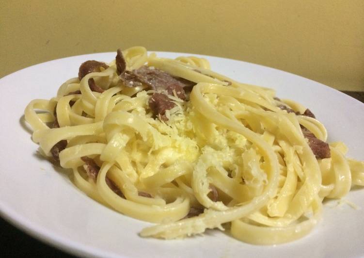 bahan dan cara membuat Fettucinni Carbonara with Smoked Beef (Mudah)