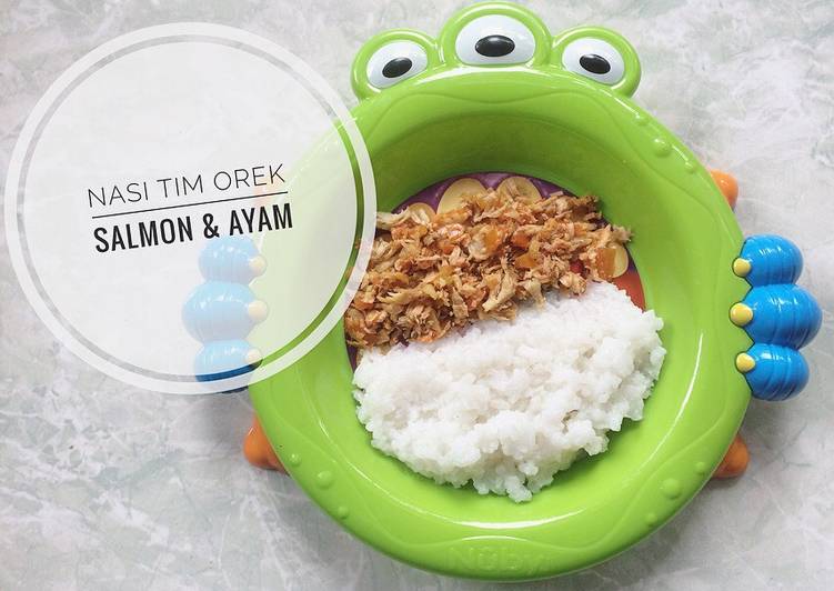 resep makanan Nasi tim orek salmon & ayam mpasi 10m+