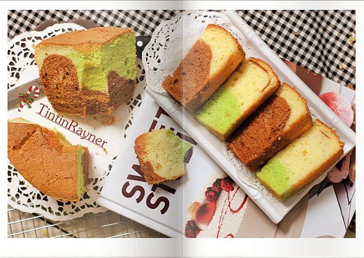 bahan dan cara membuat Chiffon Cake 3 Rasa ( Vanilla Choco Pandan menul2+Step by step