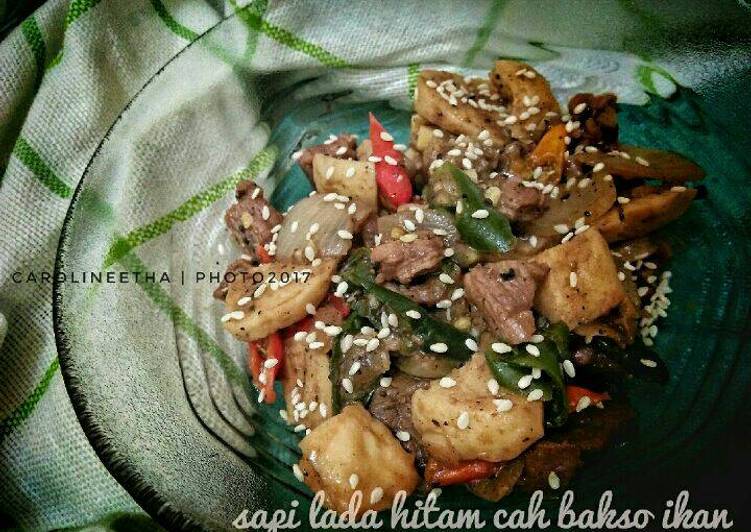 bahan dan cara membuat Sapi lada hitam cah bakso ikan #kitaberbagi