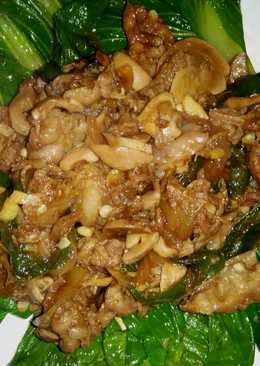 Pokcoy siram daging dan jamur kancing teriyaki