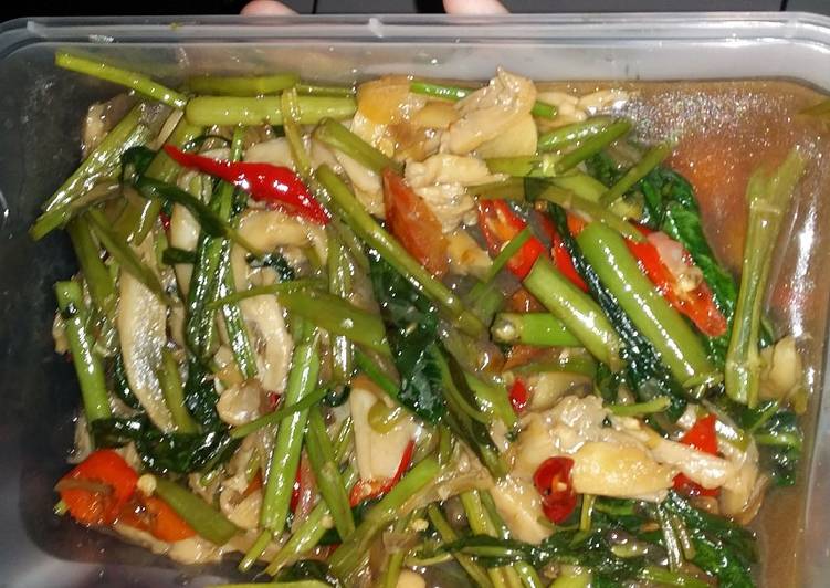 resep lengkap untuk Tumis Kangkung Jamur Tiram Pedas