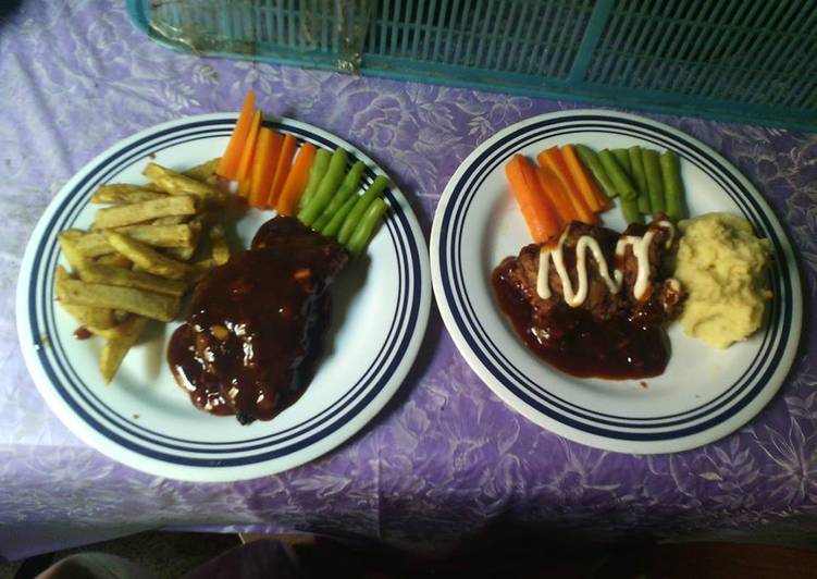 resep masakan Homemade sirloin beef steak with french fries dan crispy beef steak with mayonese and mashed potato