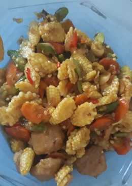 Tumis jagung muda, wortel, buncis, baso dan pete