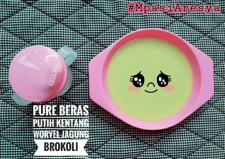 cara membuat Mpasi 6m+ : Pure Beras Putih Kentang Wortel Jagung Brokoli