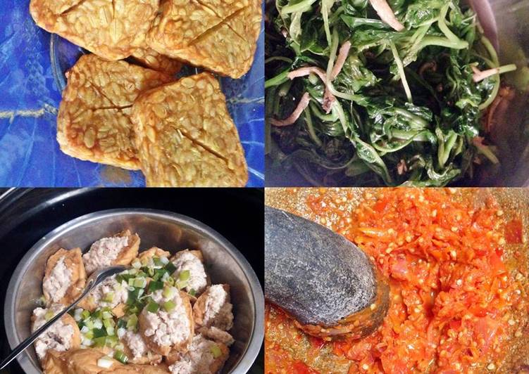 Resep Menu Makan Siang Mudah (Tempe Goreng + Tumis Bayam Teri + Tahu
sumpel Ayam + Sambal Bawang Extra Pedas Oleh Maria Maria