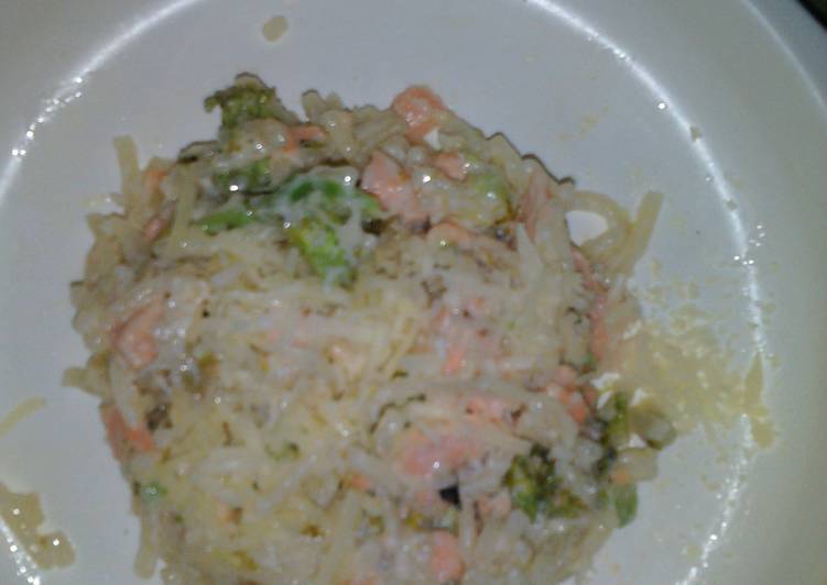 resep makanan Spagetti krim chiz broksal (brokoli dan salmon)