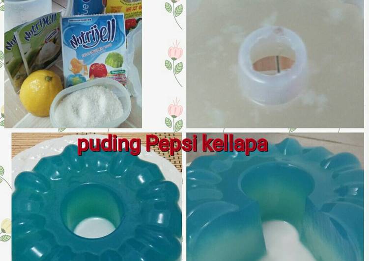 bahan dan cara membuat Puding Pepsi biru isi kelapa