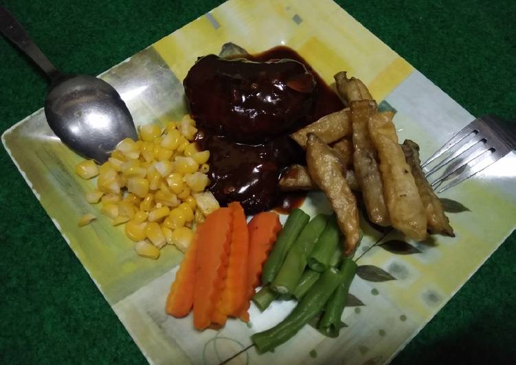 resep lengkap untuk Steak daging kurban saos barbeque lada hitam + madu