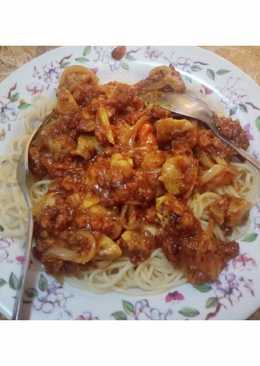 Spageti kulit ayam saos pedes