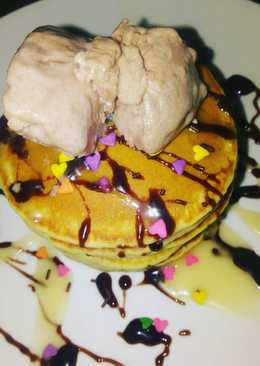 Pancake with brown chocolate, milk n ice cream milo