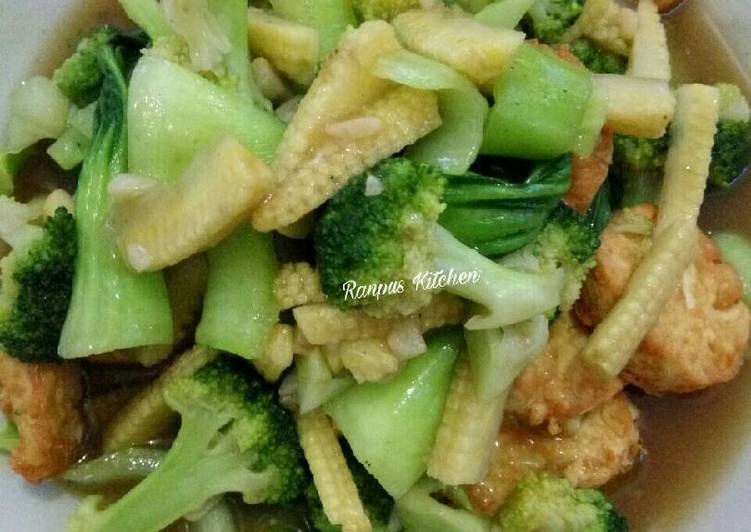 resep Cah brokoli, Pokcoy, Baby corn & egg tofu