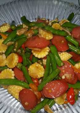 Tumis baby buncis, putren, sosis simpel tumisan merah kuning hij