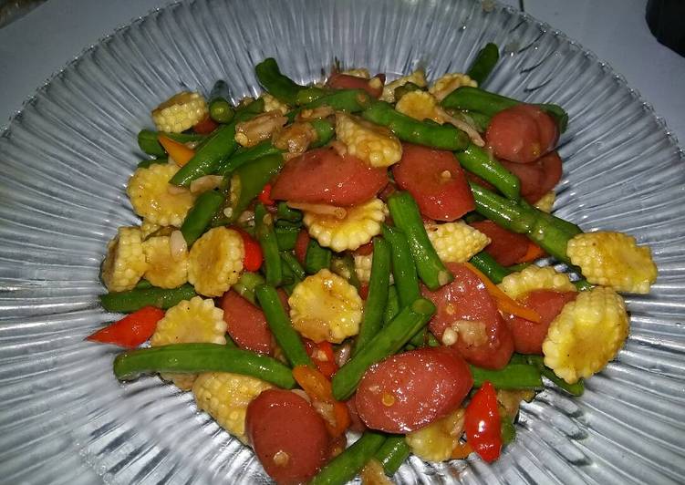 resep makanan Tumis baby buncis, putren, sosis simpel tumisan merah kuning hij