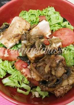 Pan Grilled Marlin With Mushroom Sauce on Top of Red Rice