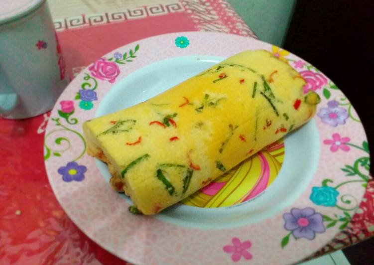 bahan dan cara membuat Low carb abon rollcake