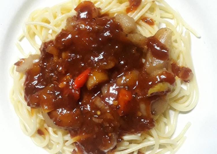 resep masakan Spaghetti Saus Bolognese La Fonte + Sosis