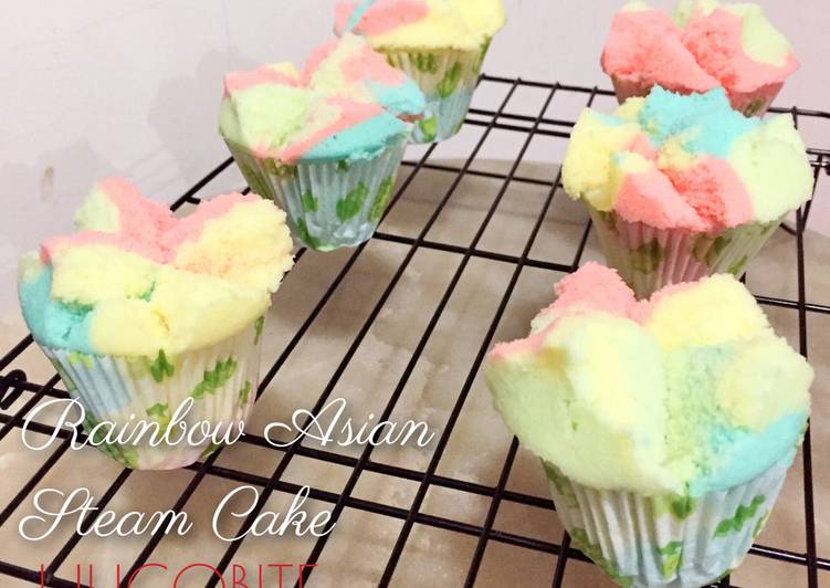 bahan dan cara membuat Bolu Kukus Rainbow Mekar (Rainbow Asian Steam Cake)