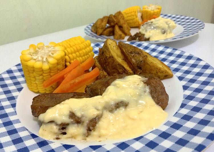 resep masakan Beef Steak Saus Keju with Potato Wedges
