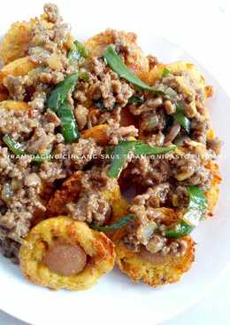 Tahu fantasi siram daging cincang saus tiram