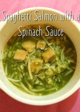 Spaghetti Salmon with a Spinach Sauce