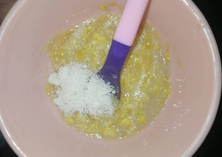 gambar untuk cara membuat MPASI bubur sego jagung + wortel + evoo + bubuk almond / tempe