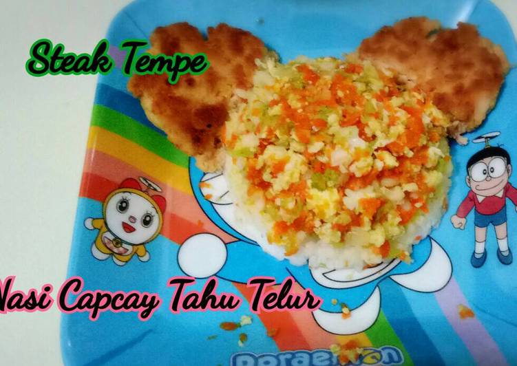 resep makanan Steak Tempe dan Capcay Tahu Telur (toddler meal)