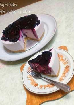 No bake yogurt cake with blueberry sauce