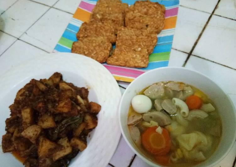 resep masakan Paket Soup Bakso Makaroni Telur Puyuh + Kentang Balado Tempe Gr