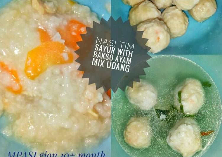 bahan dan cara membuat MPASI Bakso ayam mix udang with nasi tim sayur