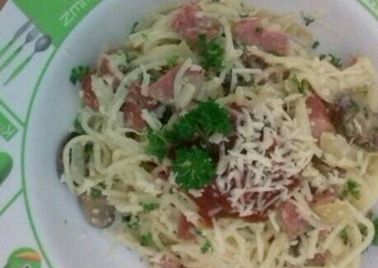 resep lengkap untuk Spaghetti carbonara BBQ sauce full chesee