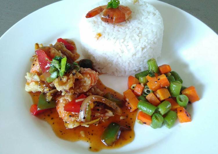 resep masakan Shrimp black pepper and sautéed vegetables