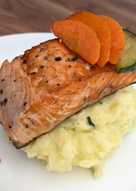 Grill salmon + mash potato + stir fry wortel zucchini