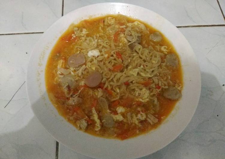 resep lengkap untuk Mie Kuah bakso sosis pedas tanpa MSG