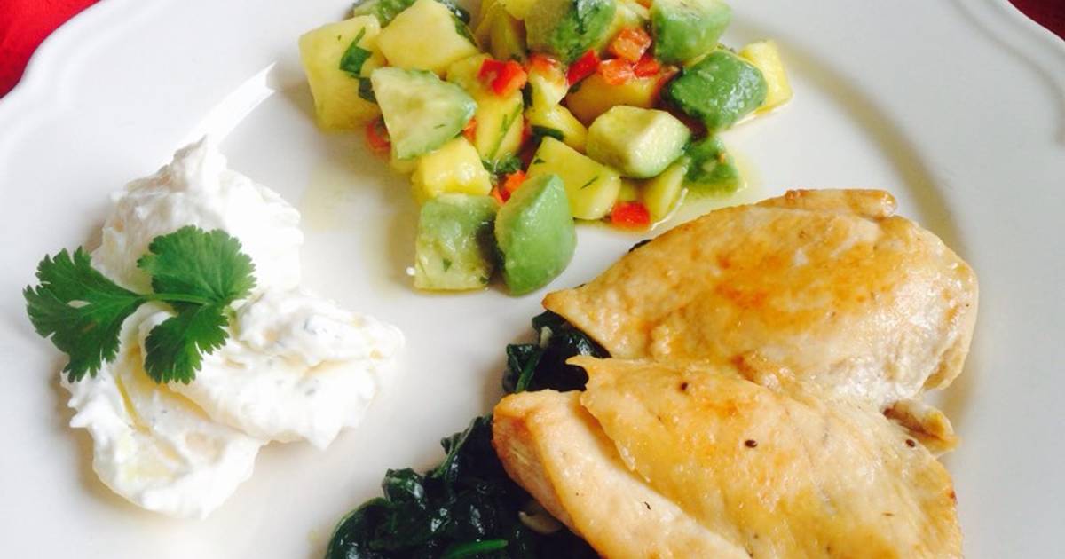 Resep Lemon&honey glazed chicken with mango&avocado salsa, saute spinach& creamy potato ala diennursasti