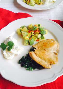 Lemon&honey glazed chicken with mango&avocado salsa, saute spinach& creamy potato