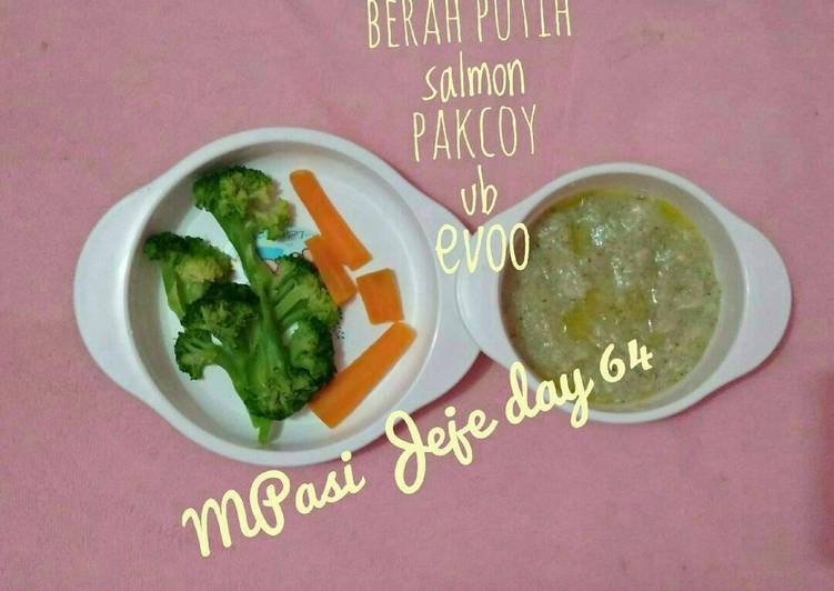 resep lengkap untuk MPasi 8m+ Bubur salmon+pakcoy