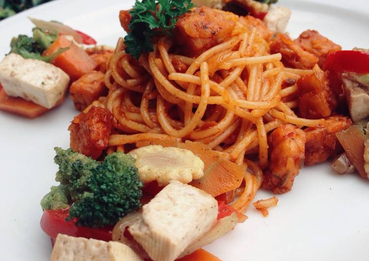 gambar untuk cara membuat Spaghetti tempe bolognaise with cah tahu sayur(1 porsi) Utk vegan