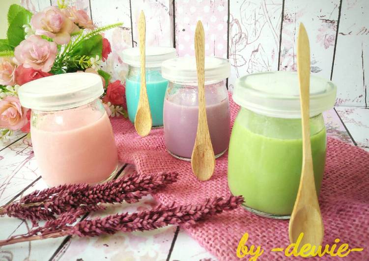 resep masakan Silky Puding a la Puyo Dessert (Blue Lychee, Purple Taro, Greentea, Pink Rose)