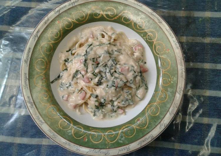 resep Spaghetti Spinach Mashroom Creamy Sauce