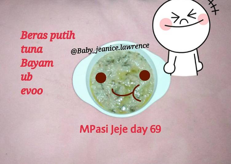 bahan dan cara membuat MPasi 8m+ bubur tuna+bayam