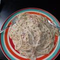 El cooksnap de Jordyl Larry Moreno Quintero cuando hizo Fideos tirabuzón con salsa de panceta a la crema y roquefort.