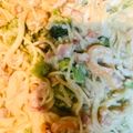 El cooksnap de Blanca Piña cuando hizo Espagueti con camarones, tocino y brócoli, a la crema con queso.